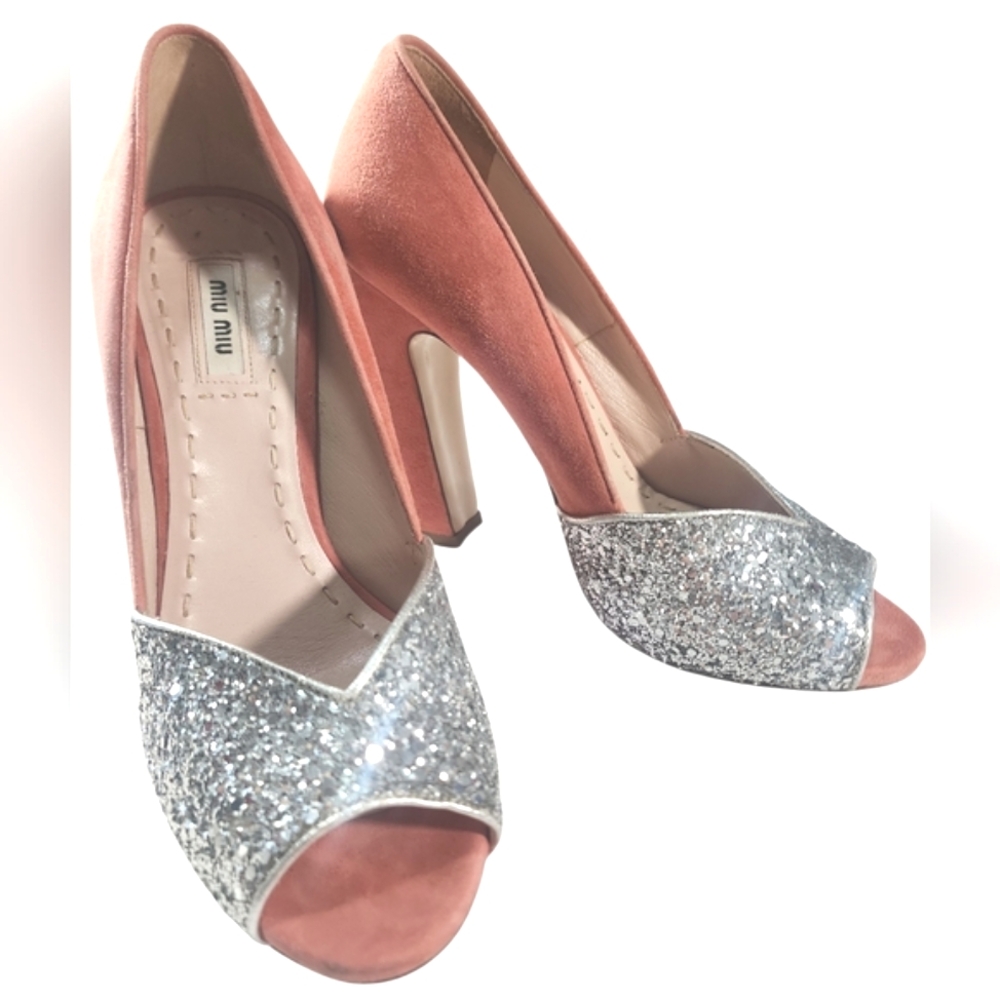 Miu Miu Silver Coral Coarse Glittery and Suede Peep Toe Pumps Heels. 37 - Picture 2 of 13